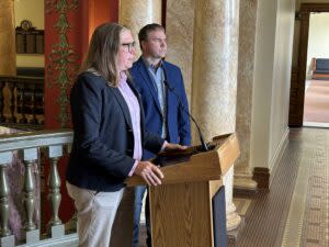 House Minority Leader Kim Abbott, D-Helena, and Sen. Ryan Lynch, D-Butte, speak at a press conference about why their members are not participating in the select committee on judicial oversight on April 29, 2024. (Photo by Blair Miller, Daily Montanan)