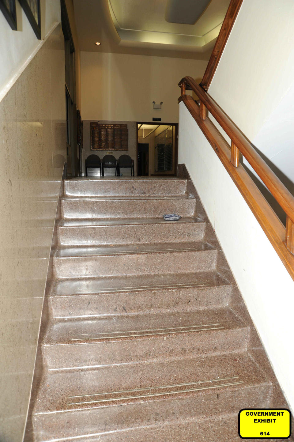 This photo of a staircase in the Tree of Life synagogue building in Pittsburgh was entered May 31, 2023, as a court exhibit by prosecutors in the federal trial of Robert Bowers. He faces multiple charges in the killing of 11 worshippers from three congregations and the wounding of seven worshippers and police officers in the building on Oct. 27, 2018. Dan Leger, a member of Congregation Dor Hadash, testified to having fallen on the stairs after he was seriously injured while responding to the sound of gunfire. His fallen yarmulke can be seen near the top of the stairs. The charges include the obstruction of the free exercise of religion, resulting in death. (U.S. District Court for the Western District of Pennsylvania via AP)