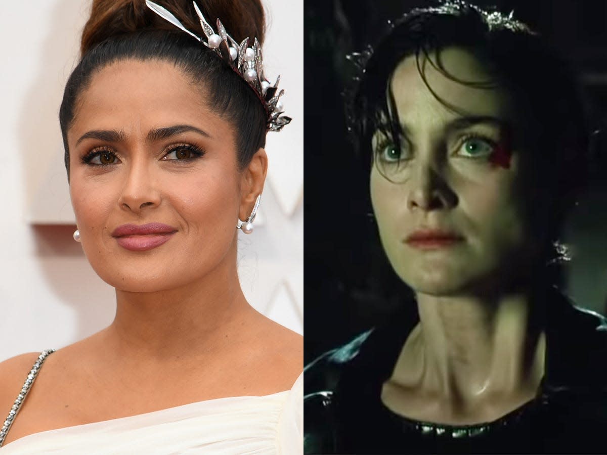 On the left: Salma Hayek posing on the red carpet of the 2020 Oscars. On the right: Carrie-Anne Moss as Trinity in 