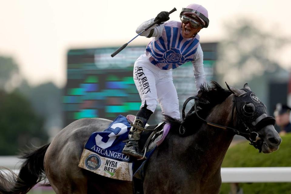 Jockey Javier Castellano reacts after winning the 2023 Belmont Stakes aboard Arcangelo. The 3-year-old colt is the projected favorite for the Breeders’ Cup Classic to be contested Nov. 4 at Santa Anita Park in California.