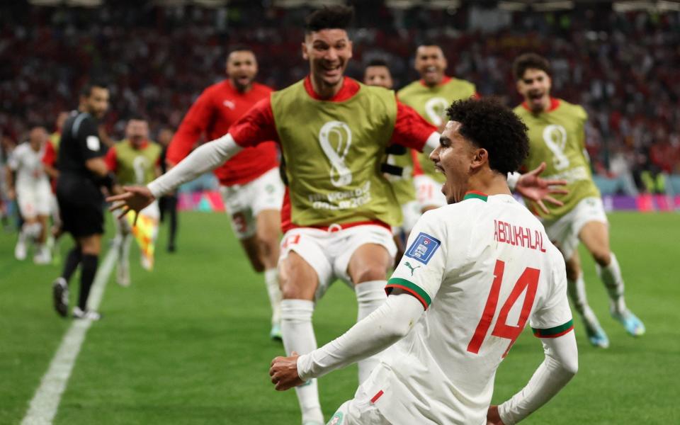 Morocco's Zakaria Aboukhlal celebrates scoring their second goal - Matthew Childs/Reuters