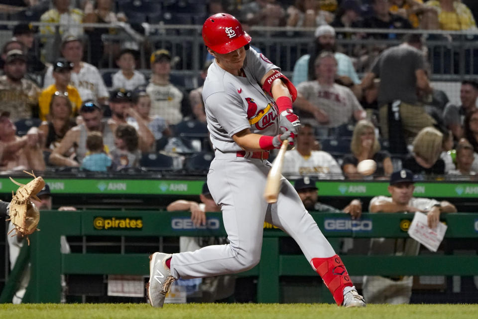 St. Louis Cardinals' Tommy Edman hits a two-run home run against the Pittsburgh Pirates during the fifth inning of a baseball game Friday, Aug. 27, 2021, in Pittsburgh. (AP Photo/Keith Srakocic)