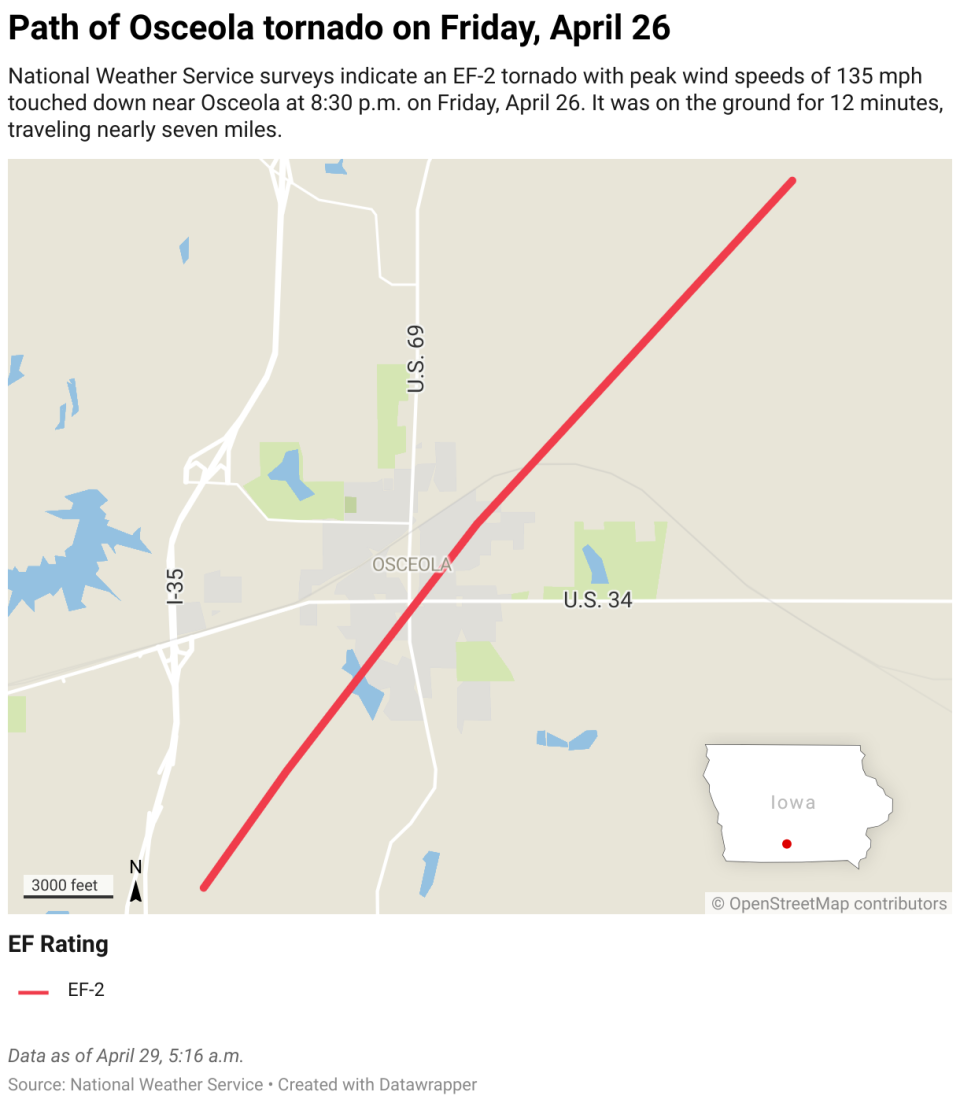 A map of Osceola showing the path of a tornado over the intersection of U.S. 34 and U.S. 69 highways.