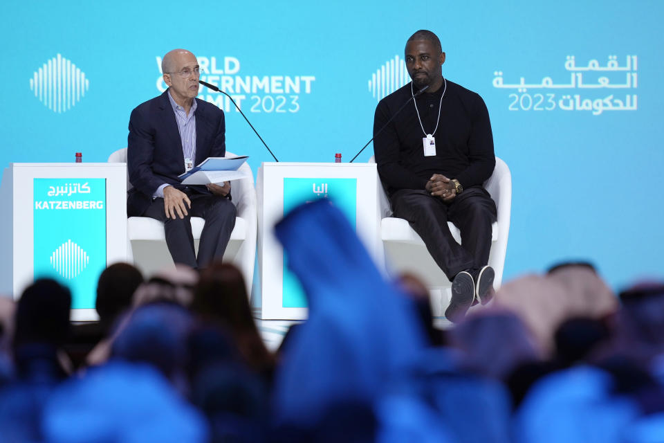 British actor Idris Elba speaks during the World Government Summit in Dubai, United Arab Emirates, Tuesday, Feb. 14, 2023. While on stage, Elba brought up the persistent discussions about him taking over as Ian Fleming's famed British spy 007. (AP Photo/Kamran Jebreili)