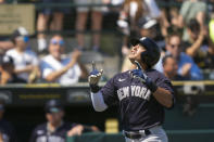 New York Yankees Anthony Volpe reacts after hitting a leadoff solo home run in the first inning of a MLB spring training baseball game against the Pittsburgh Pirates in Bradenton, Fla., Thursday, March 2, 2023. (AP Photo/Gerald Herbert)