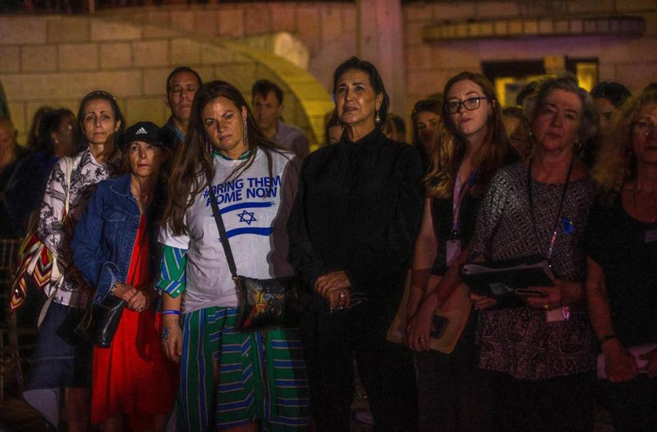 Attendees paid tribute to the Israelis that were killed in the Hamas attacks on Oct. 7, as members of the Jewish community of South Florida also commemorated the 85th anniversary of Kristallnacht at the Holocaust Memorial in Miami Beach on Nov. 5. Pedro Portal/pportal@miamiherald.com