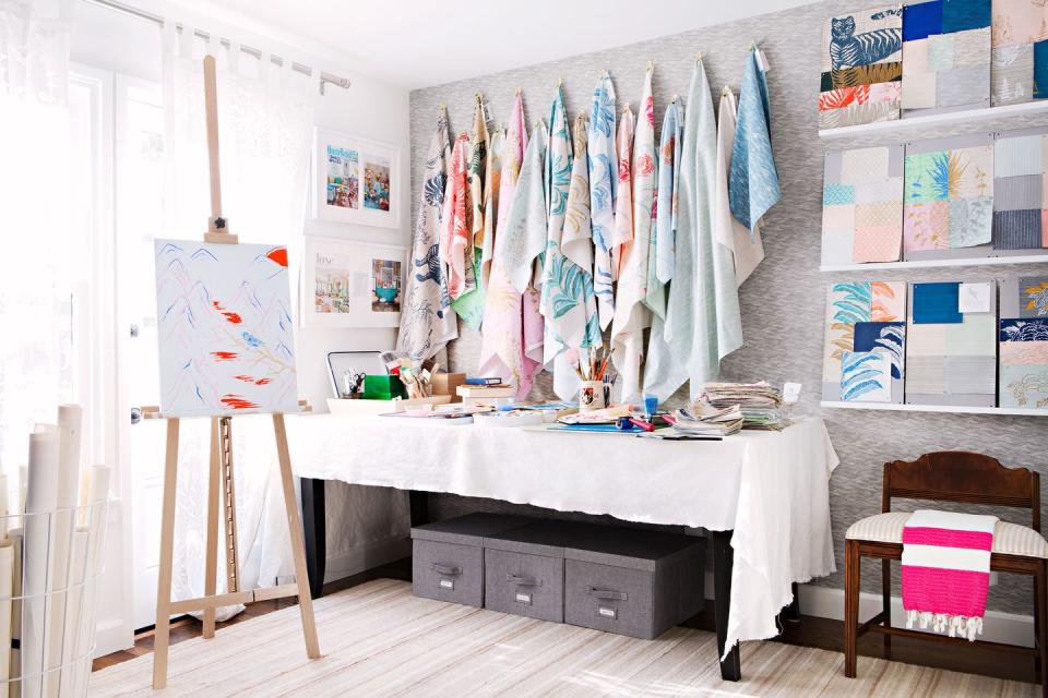 <p>Craft rooms tend to accumulate tons of scraps. Bring in bins and boxes to stay organized and keep clutter to a minimum (or at least out of plain sight). Take note from <a href="https://www.housebeautiful.com/design-inspiration/house-tours/g19660926/sharon-lee-house-tour/?slide=4" rel="nofollow noopener" target="_blank" data-ylk="slk:this craft room;elm:context_link;itc:0;sec:content-canvas" class="link ">this craft room</a> in Sharon Lee's Santa Monica bungalow and tuck them under a table. </p>