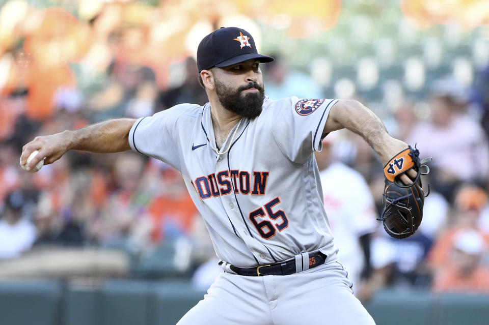 Houston Astros starting pitcher Jose Urquidy delivers against the Baltimore Orioles in the first inning of a baseball game, Wednesday, June 23, 2021, in Baltimore. (AP Photo/Will Newton)