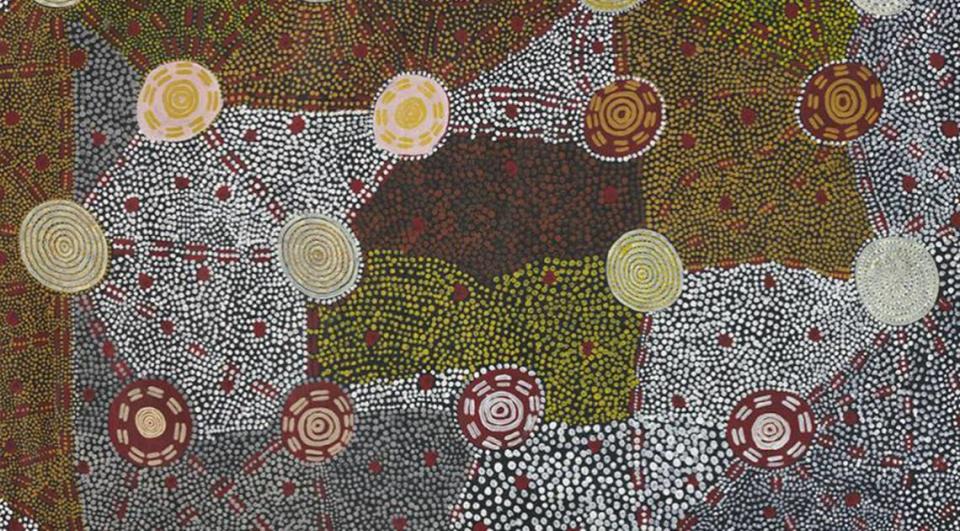 Painting titled ‘Watanuma,’ meaning “edible flying termites,” by Anmatyerre, Warlpiri and Arrernte man Kaapa Tjampitjinpa.