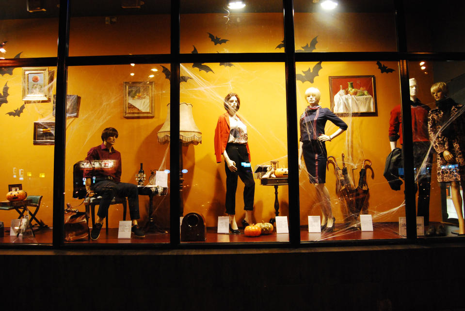 A Halloween display in a storefront.