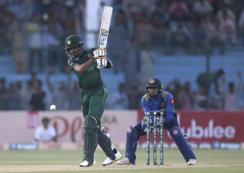 Pakistan's batman Babar Azam hits boundary in Karachi, Pakistan, Monday, Sept. 30, 2019. Pakistan and Sri Lanka are playing the second one-day international. (AP Photo/Fareed Khan)