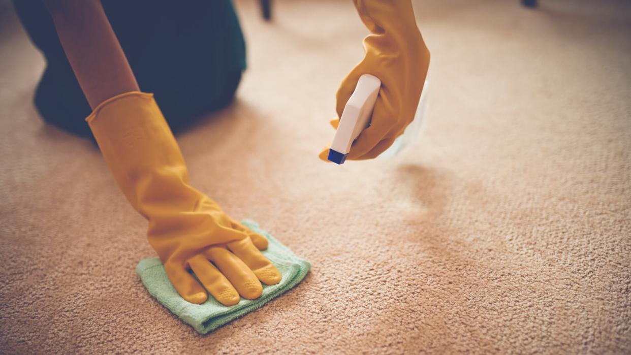 Close-up image of woman removing stain from the carpet.