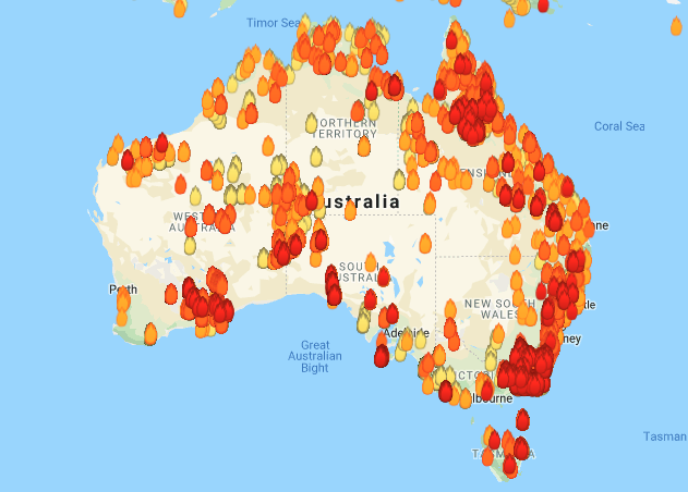 Wildfires burning across Australia on Jan. 3, 2020. | Landgate's MyFireWatch