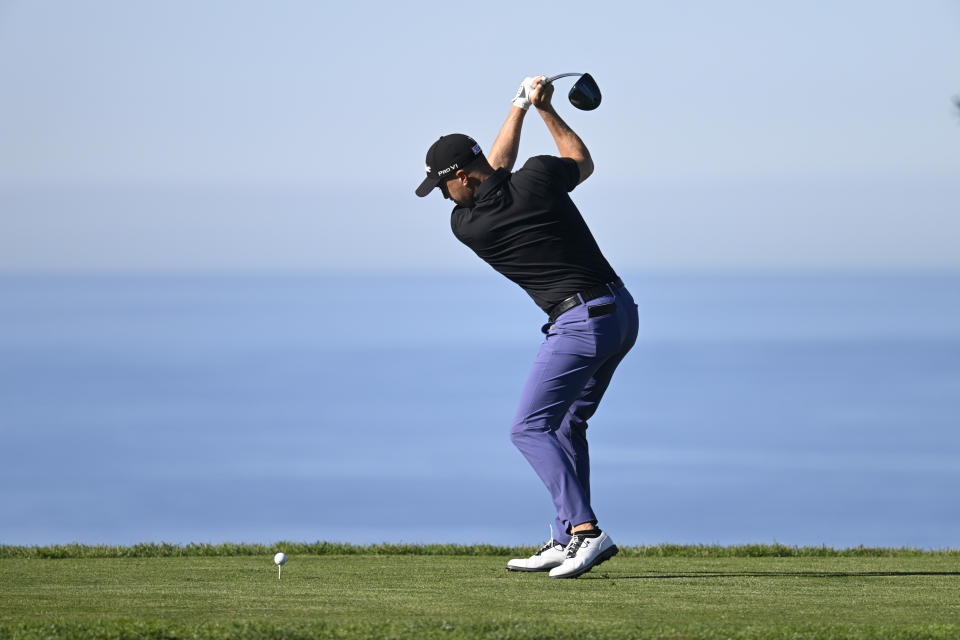 Justin Thomas hits his tee shot on the 11th hole on the North Course during the second round of the Farmers Insurance Open golf tournament, Thursday Jan. 27, 2022, in San Diego. (AP Photo/Denis Poroy)