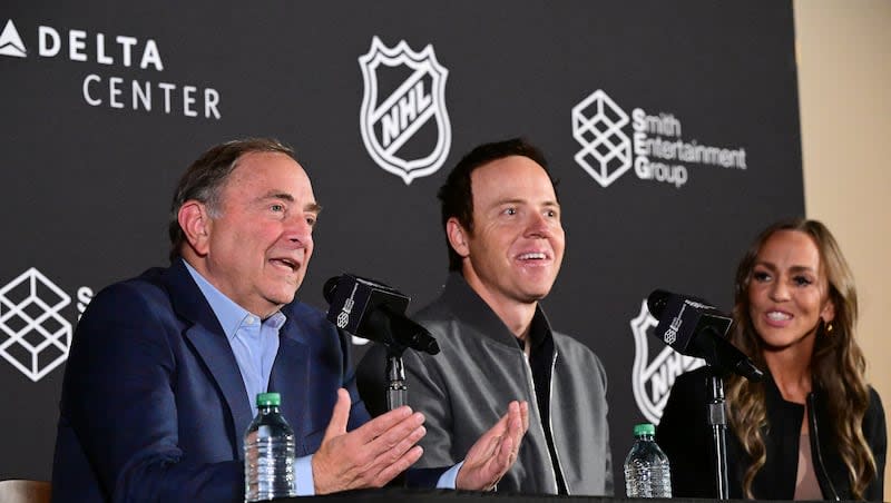 NHL Commissioner Gary Bettman speaks as he joins Ryan Smith, co-founder and chairman of Smith Entertainment Group, and Ashley Smith, co-founder of Smith Entertainment Group, at the Delta Center in Salt Lake City, announcing that the NHL would be coming to Utah on Friday, April 18, 2024.