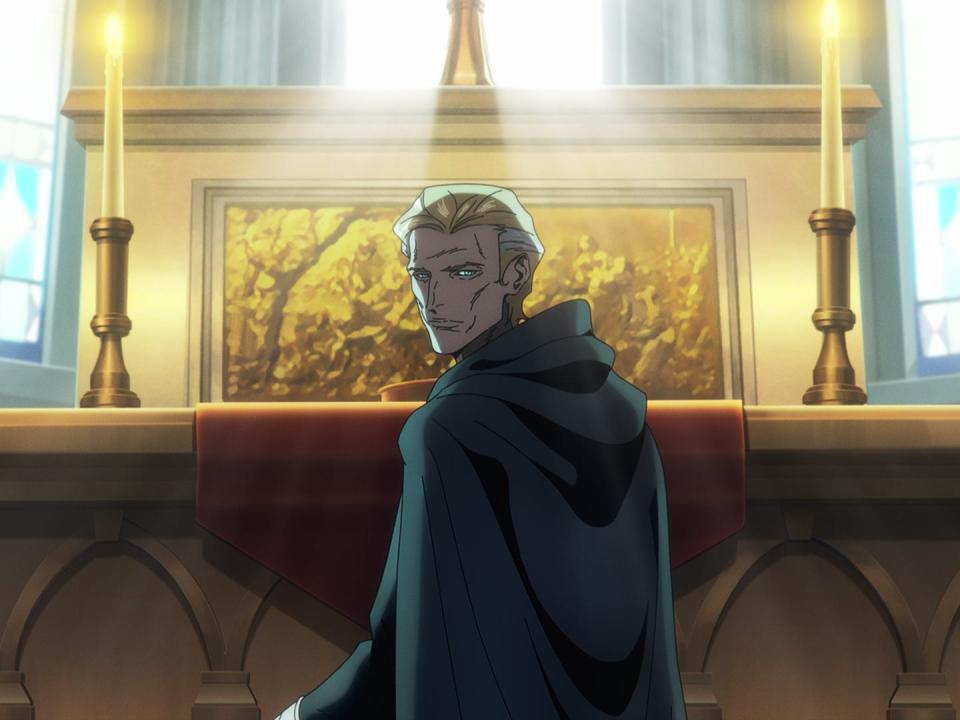 the abbot in castlevania nocturne, sitting at an altar and turning to look behind him