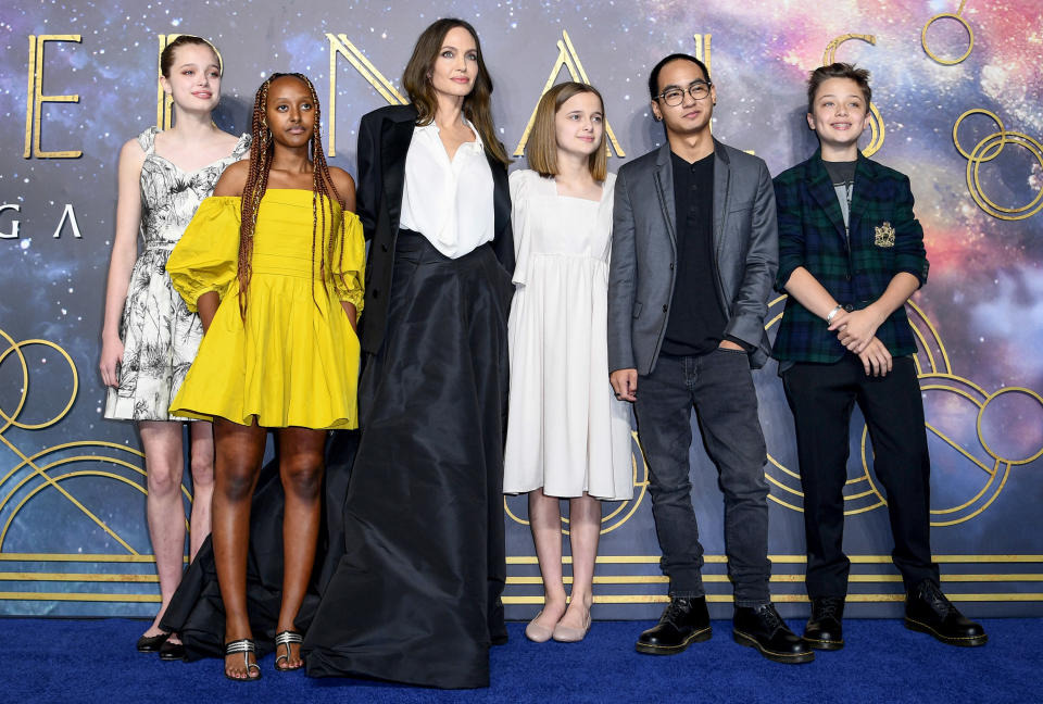Shiloh Jolie-Pitt, Zahara Jolie-Pitt, Angelina Jolie, Vivienne Jolie-Pitt, Maddox Jolie-Pitt and Knox Jolie-Pitt attend a screening of Marvel's 