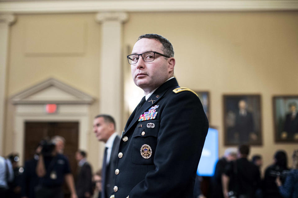 Lt. Col. Alexander Vindman appeasr before the House Intelligence Committee during the House impeachment inquiry concerning President Donald Trump on Capitol Hill on Nov. 19, 2019. (Melina Mara/The Washington Post / Getty Images file)