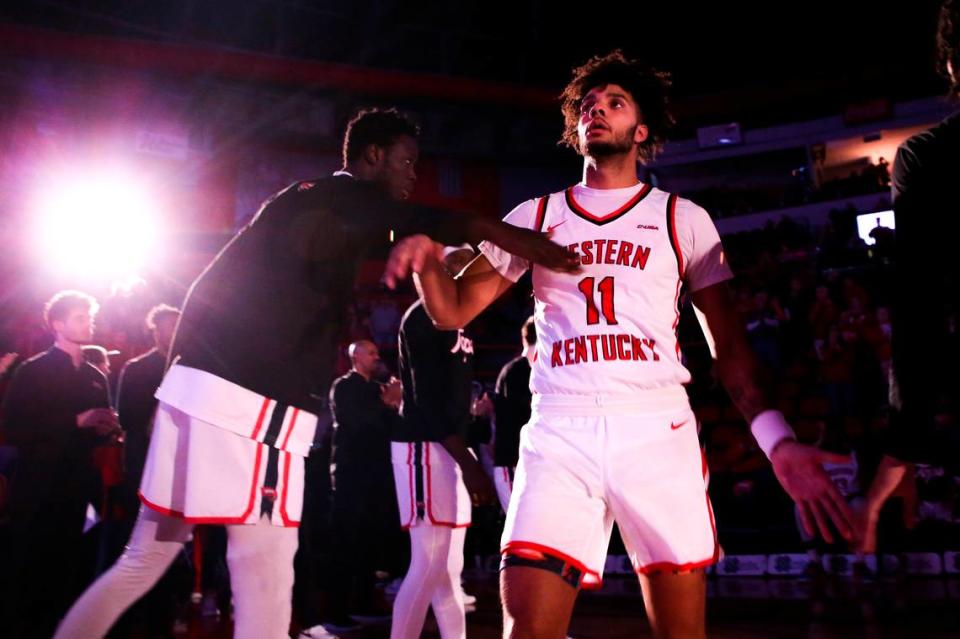 The health of Western Kentucky guard Dontaie Allen (11) is in question entering the NCAA Tournament after he injured a knee during the semifinals of the Conference USA Tournament last week. Allen, who was named Kentucky Mr. Basketball at Pendleton County High School before spending three years at UK, is averaging 8.3 points and shooting 39.7 percent from 3-point range this season.