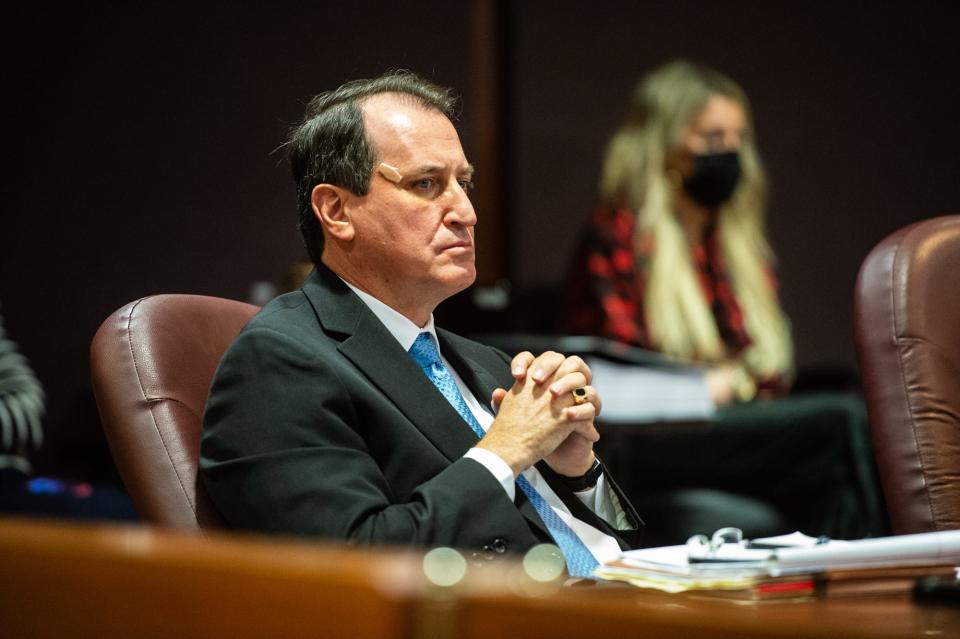 Former District Attorney Greg Newman listens to testimony from Superior Court judge Athena Brooks on Monday, April 12, 2021. Newman was subsequently removed from office for willful misconduct in office and conduct prejudicial to the administration of justice.