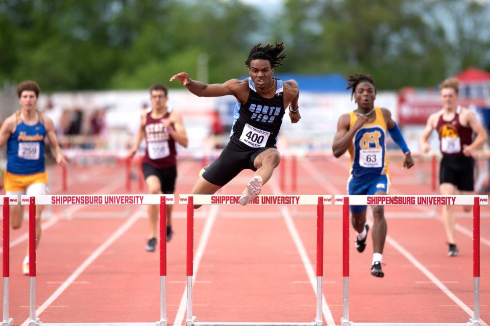 North Penn's Devin Nugent places first in boys 3A 300-meter hurdles prelims with 38.15 at PIAA Track and Field Championship at Shippensburg University on Friday, May 27, 2022.
