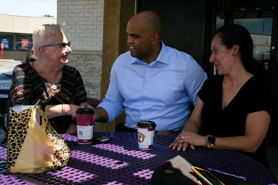 Michele Rodriguez, left, and Miroslava Lanasa, right, talk with Texas Democratic Congressman Colin Allred at Stinger's Coffee in Corpus Christi Monday, Sept. 4, 2023. Allred was in Corpus Christi to speak at the Coastal Bend Labor Council's annual Labor Day breakfast Monday, Sept. 4, 2023.