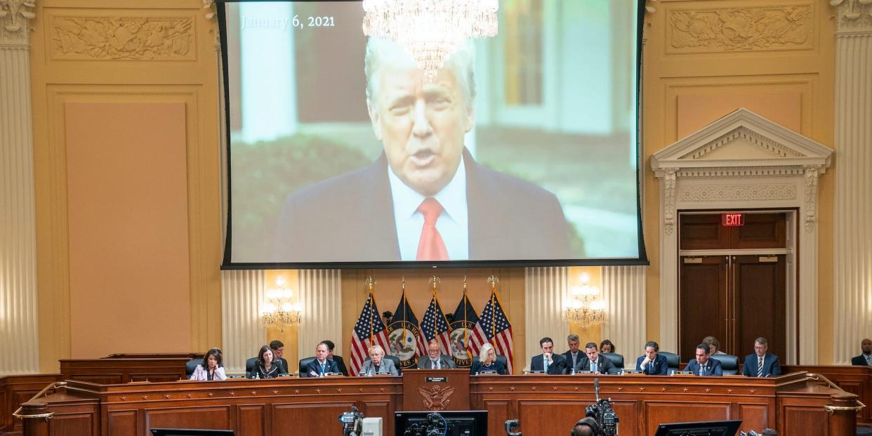 A video of former President Donald Trump from his January 6th Rose Garden statement is played as Cassidy Hutchinson, former aide to Trump White House chief of staff Mark Meadows, testifies as the House select committee investigating the Jan. 6 attack on the U.S. Capitol holds a hearing at the Capitol in Washington, Tuesday, June 28, 2022.