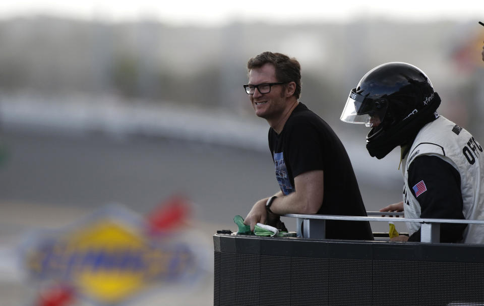 DAYTONA, FL - FEBRUARY 16: Dale Earnhardt jr prepares to wave the green flag prior to the running of the 62nd annual Daytona 500 on February 16, 2020 at Daytona International Speedway in Daytona Beach, Florida (Photo by Jeff Robinson/Icon Sportswire via Getty Images)