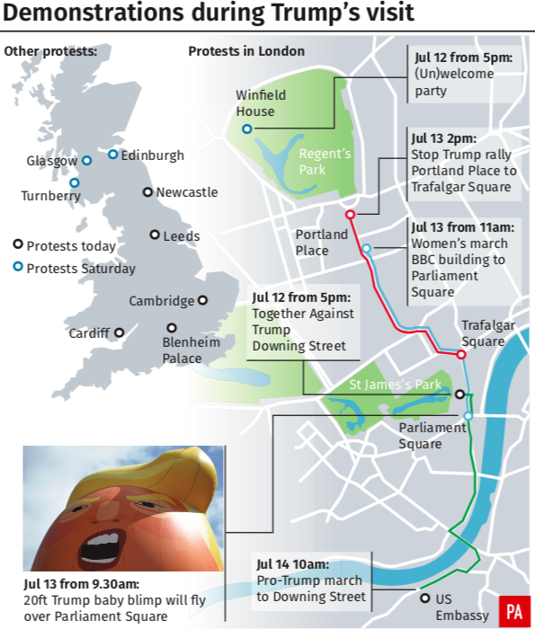 <em>The demonstrations taking place during Trump’s visit (PA)</em>