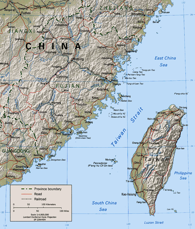 Carte du détroit de Taiwan (« Taiwan Strait » en anglais)