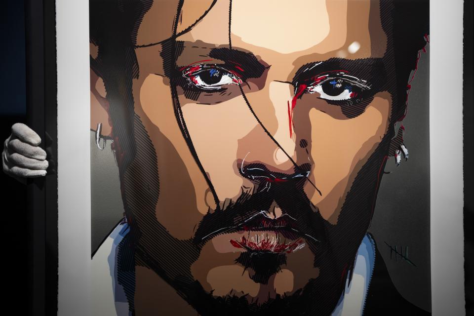 A self-portrait by actor Johnny Depp is displayed at Castle Fine Art gallery on Thursday, July 20, 2023 in London. Depp has painted the emotions of recent years into a self-portrait, titled "Five," and is offering the result for sale as a time-limited edition as of July 20, 2023. (Scott Garfitt/Invision/AP)