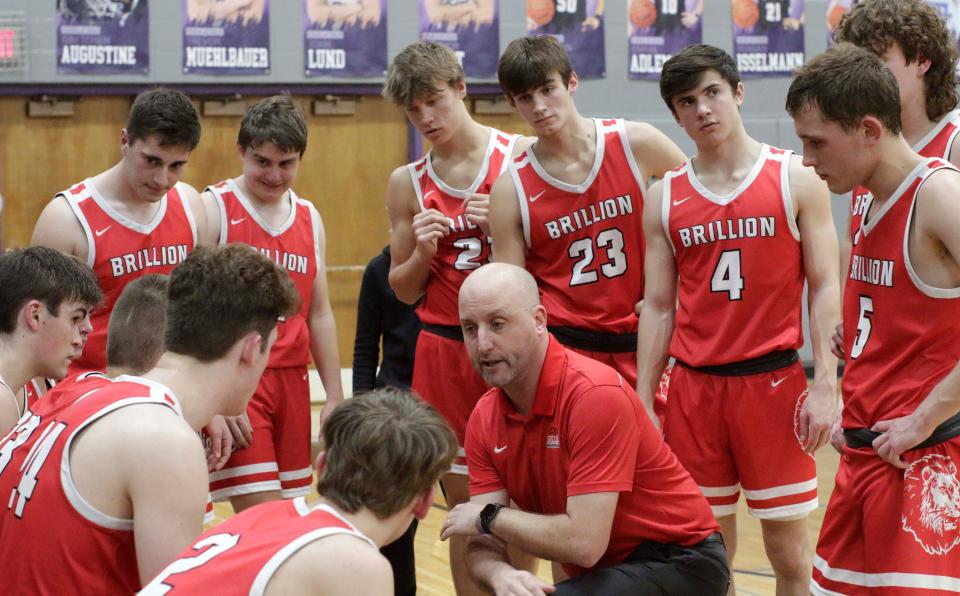 Brillion coach Chad Shimek talks to his players during a timeout against Kiel during an Eastern Wisconsin Conference game Feb. 14 in Kiel. Brillion will play Lakeside Lutheran in a Division 3 state semifinal game Thursday at the Kohl Center in Madison.