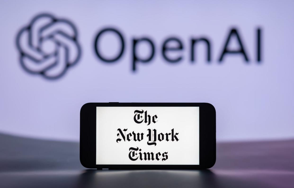 Old media, meet new. <a href="https://www.gettyimages.com/detail/news-photo/in-this-photo-illustration-the-new-york-times-logo-is-seen-news-photo/1894336797" rel="nofollow noopener" target="_blank" data-ylk="slk:Idrees Abbas/SOPA Images/LightRocket via Getty Images;elm:context_link;itc:0;sec:content-canvas" class="link ">Idrees Abbas/SOPA Images/LightRocket via Getty Images</a>