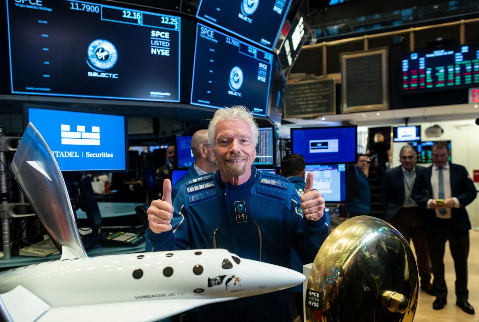 Richard Branson, Founder of Virgin Galactic poses before ringing the First Trade Bell to commemorate the company's first day of trading on the New York Stock Exchange (NYSE) on October 28, 2019 in New York City. (Photo by Johannes EISELE / AFP) (Photo by JOHANNES EISELE/AFP via Getty Images)