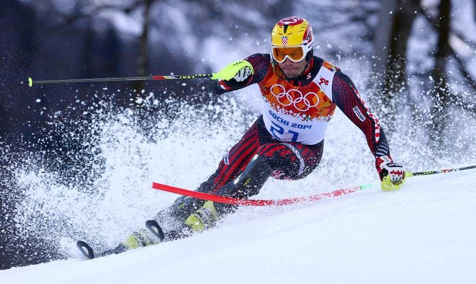 Croatia's Ivica Kostelic skis in the slalom portion of the men's supercombined to win the silver medal at the Sochi 2014 Winter Olympics, Friday, Feb. 14, 2014, in Krasnaya Polyana, Russia. (AP Photo/Alessandro Trovati)