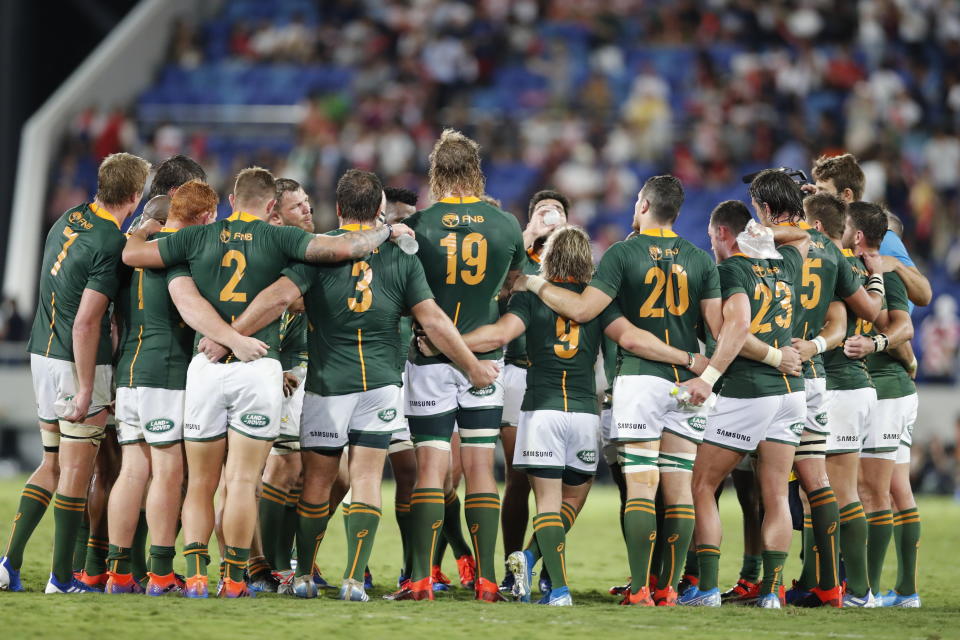 Players from the team South Africa huddle after a rugby match against Japan at Kumagaya Rugby Stadium Friday, Sept. 6, 2019, in Saitama, Japan. South Africa won 41-7. (AP Photo/Shuji Kajiyama)