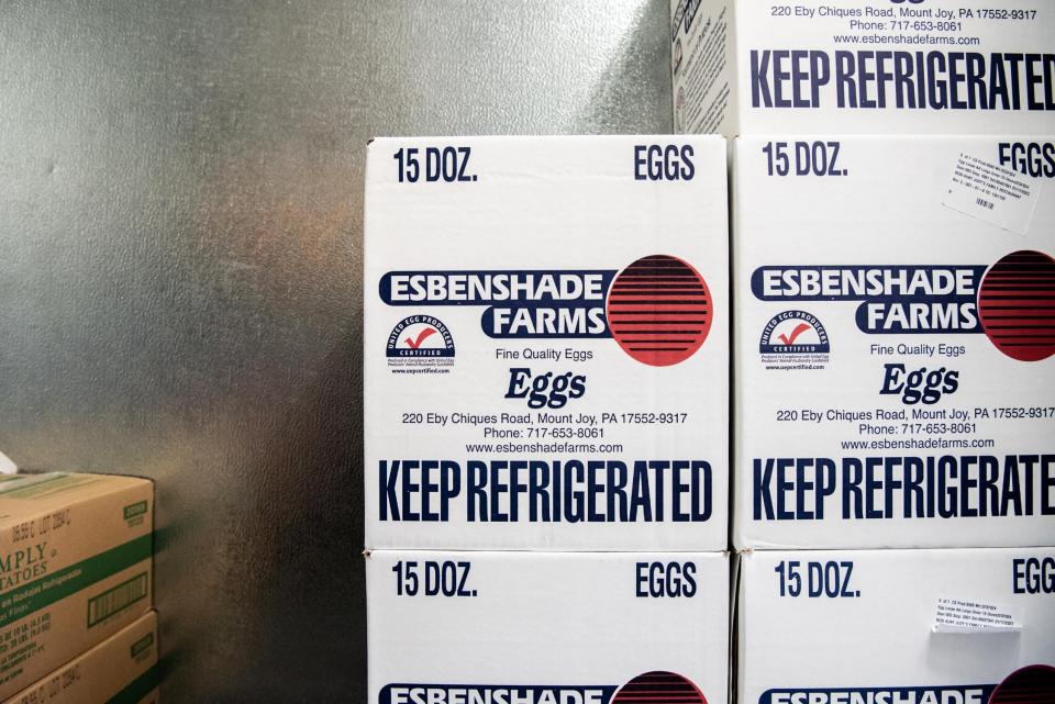 Cases of eggs sit in stacks inside a walk-in refrigerator at Aunt Judy's Family Restaurant in Doylestown Borough on Thursday, January 19, 2023.