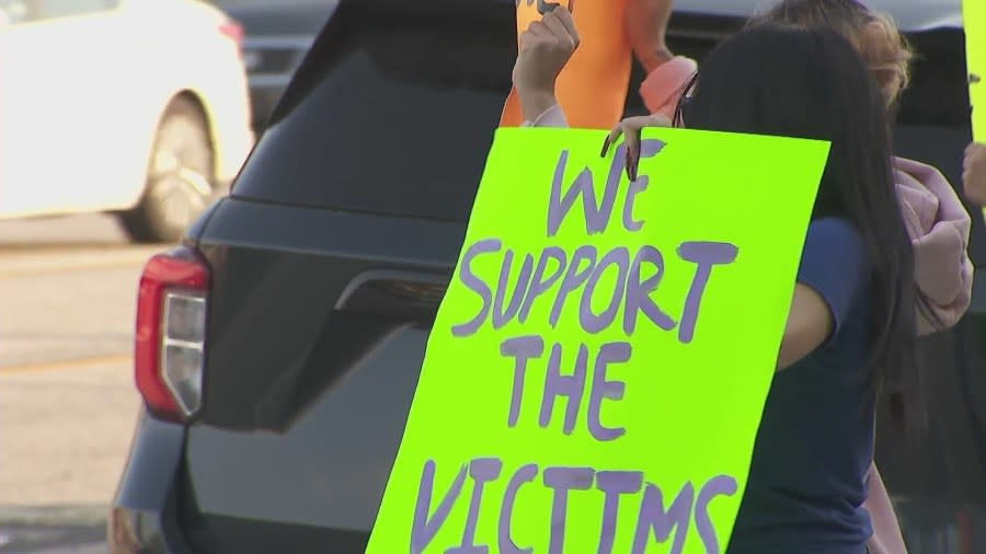 Parents and students gathered outside The Montebello Unified School District headquarters on March 20, 2024 over alleged bullying and sex assault incidents. (KTLA)