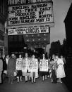 <p>Pickets for AGVA (American Guild of Variety Artists) parade in front of the entrance to Madison Square Garden in New York, April 6, 1956 where the circus is in its first week. Picketing, banned on April 2 by restraining order issued by justice Thomas A. Aurelio, resumed after Supreme Court Justice Aron Steuer lifted the injunction. “The situation as regards AGVA reveals a labor dispute so… no injunction can issue in advance of a hearing, “ Judge Steuer ruled. (AP Photo/Tom Fitzsimmons) </p>