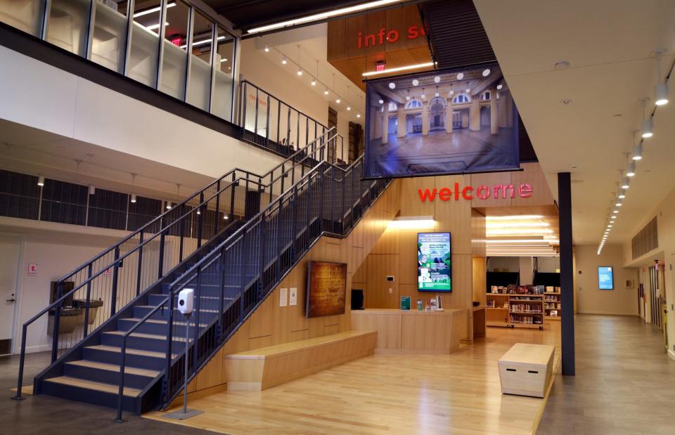 The renovated Empire Street entrance of the Providence Public Library sets a welcoming tone.