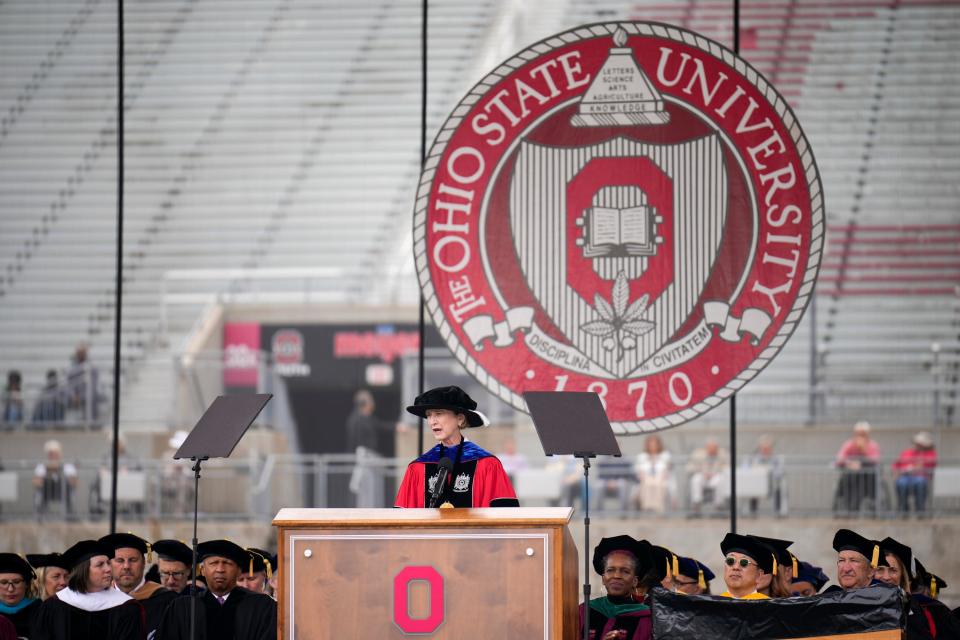 Then Ohio State University President Kristina M. Johnson addresses attendees during Ohio State Spring Commencement ceremonies at Ohio Stadium.