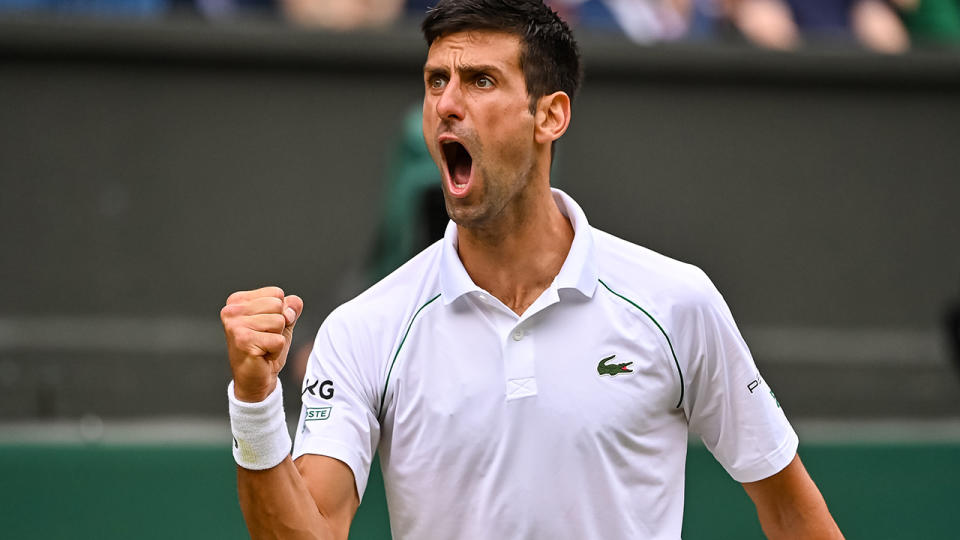 Novak Djokovic, pictured here celebrating after beating Dennis Shapovalov to reach the Wimbledon final. 