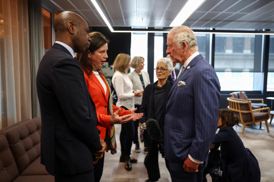 LONDON, ENGLAND - APRIL 28: Prince Charles, Prince of Wales and Camilla, Duchess of Cornwall speak with Clive Myrie, chief presenter, and Lyse Doucet, chief international correspondent, during a visit to BBC Broadcasting House on April 28, 2022 in London, England. (Photo by Hannah McKay - WPA Pool/Getty Images)