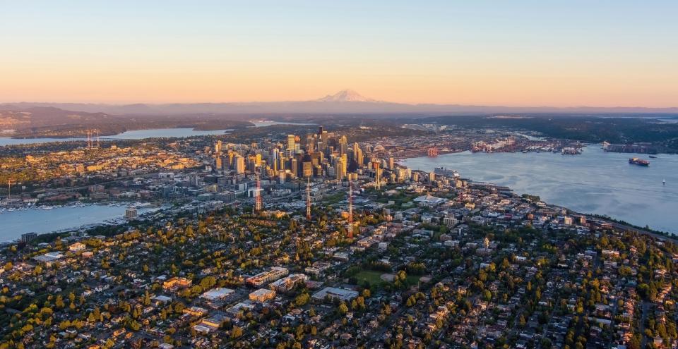 Aerial view of Seattle over Queen Anne Hill