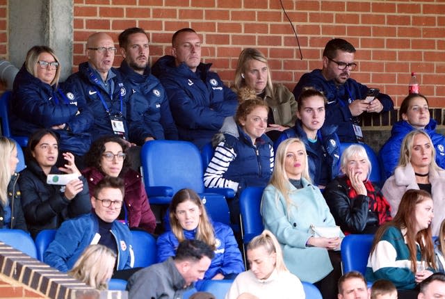 Chelsea manager Emma Hayes (back, second right) in the stands during last Sunday's win over Aston Villa (Zac Goodwin/PA).