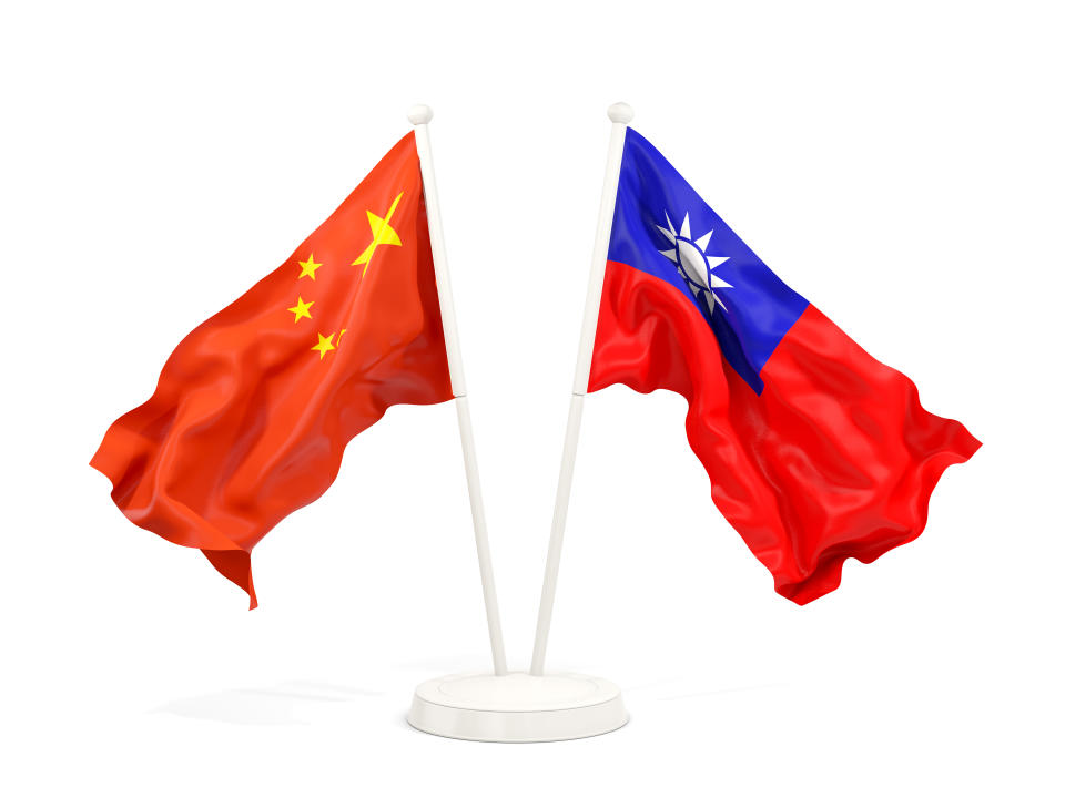 Two waving flags of China and Taiwan isolated on white. 3D illustration