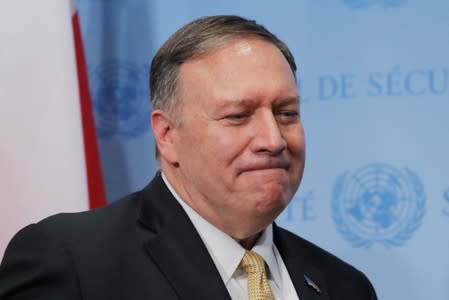 U.S. Secretary of State Mike Pompeo speaks following a meeting of the UN Security Council at UN headquarters in New York