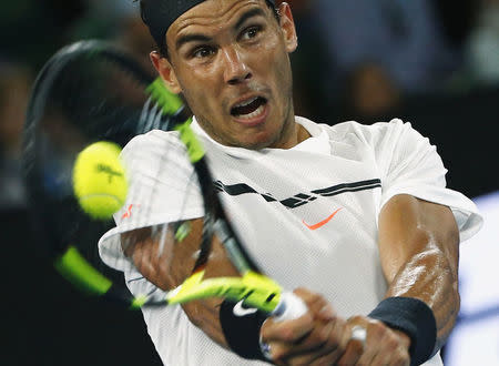 Tennis - Australian Open - Melbourne Park, Melbourne, Australia - 27/1/17 Spain's Rafael Nadal hits a shot during his Men's singles semi-final match against Bulgaria's Grigor Dimitrov. REUTERS/Thomas Peter