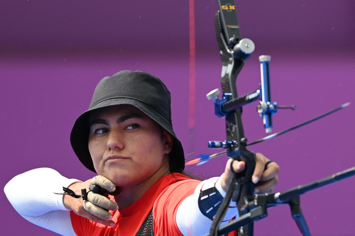 Mexico's Alejandra Valencia competes in the women's individual eliminations during the Tokyo 2020 Olympic Games at Yumenoshima Park Archery Field in Tokyo on July 30, 2021. (Photo by ADEK BERRY / AFP) (Photo by ADEK BERRY/AFP via Getty Images)