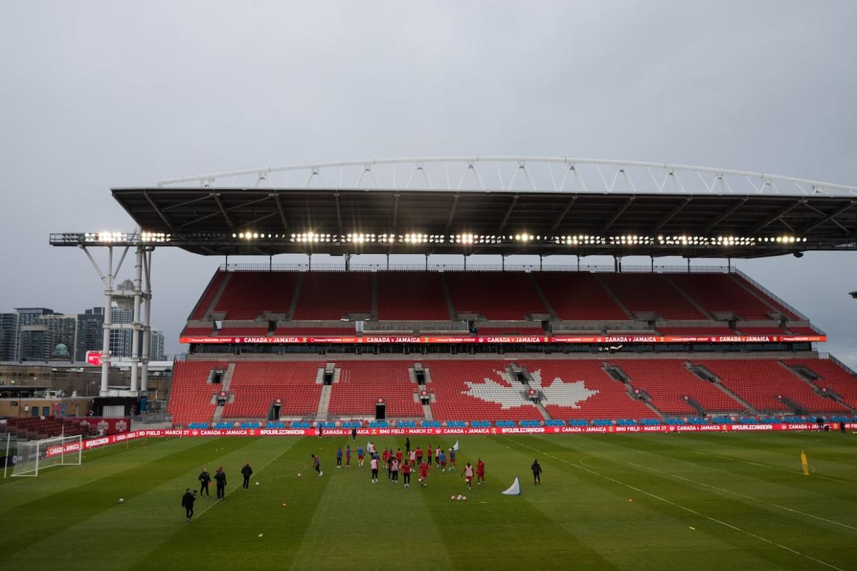 Toronto's BMO field, pictured, will be host to 6 games at the men's 2026 FIFA World Cup, including the first-ever FIFA World Cup game held in Canada on June12, 2026. Toronto's cost to host the games have jumped to $380 million, up from $45 million in 2018 and $300 million in 2023. (Tijana Martin/The Canadian Press/File - image credit)